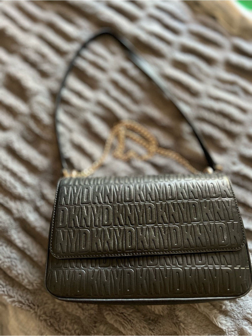 DKNY Black Embossed Logo Crossbody with Gold Chain Detail